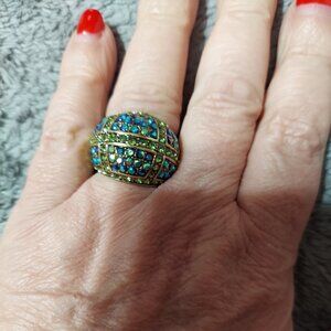 Heidi Daus Dome Ring in Green & Blue Crystals size 7